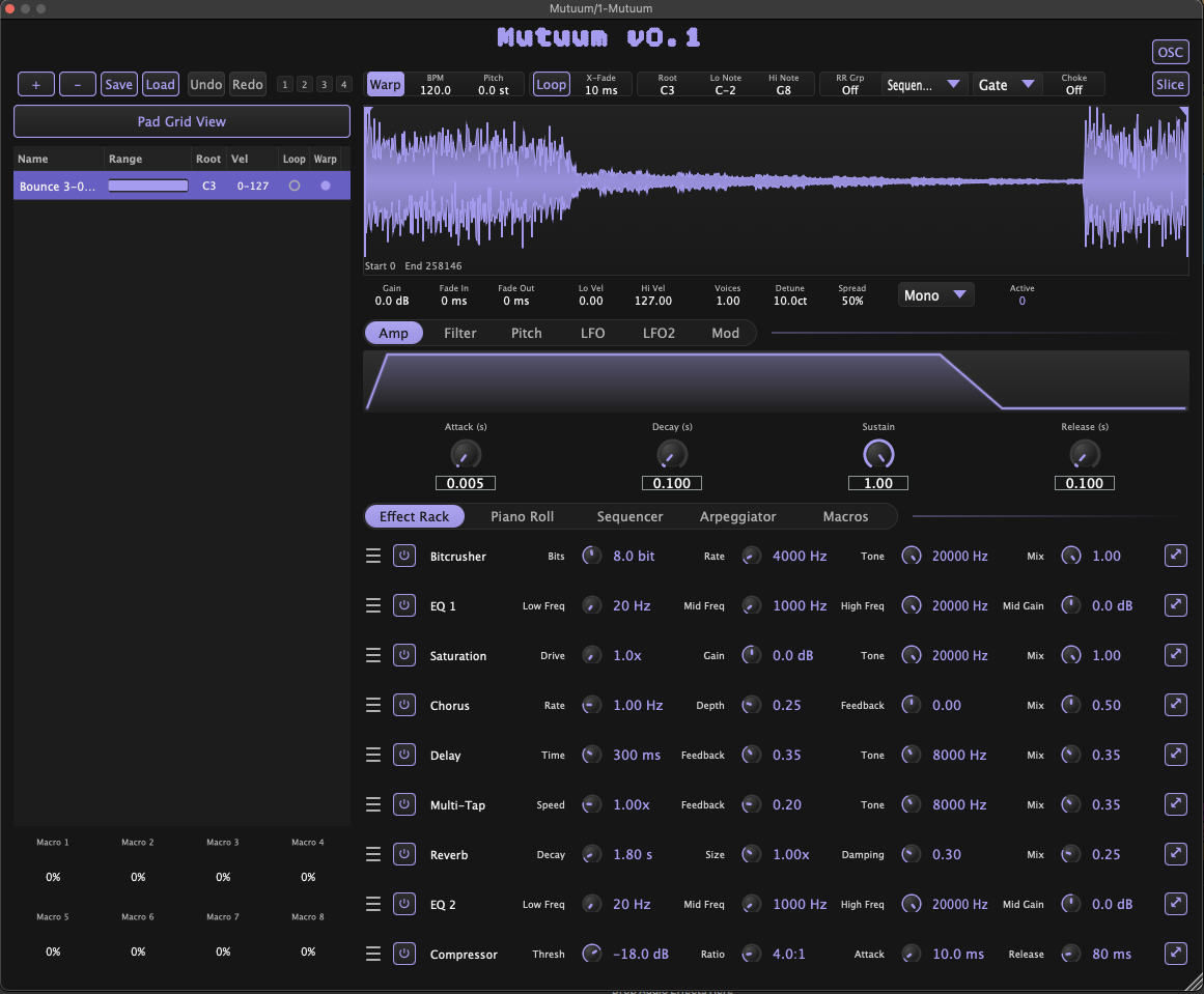 Mutuum plugin window showing the reorderable effects rack with bitcrusher, two EQs, saturation, chorus, delay, multi-tap, reverb, and compressor