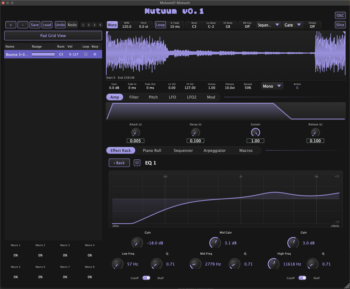 Mutuum plugin window showing the expanded three-band EQ with a live frequency response curve