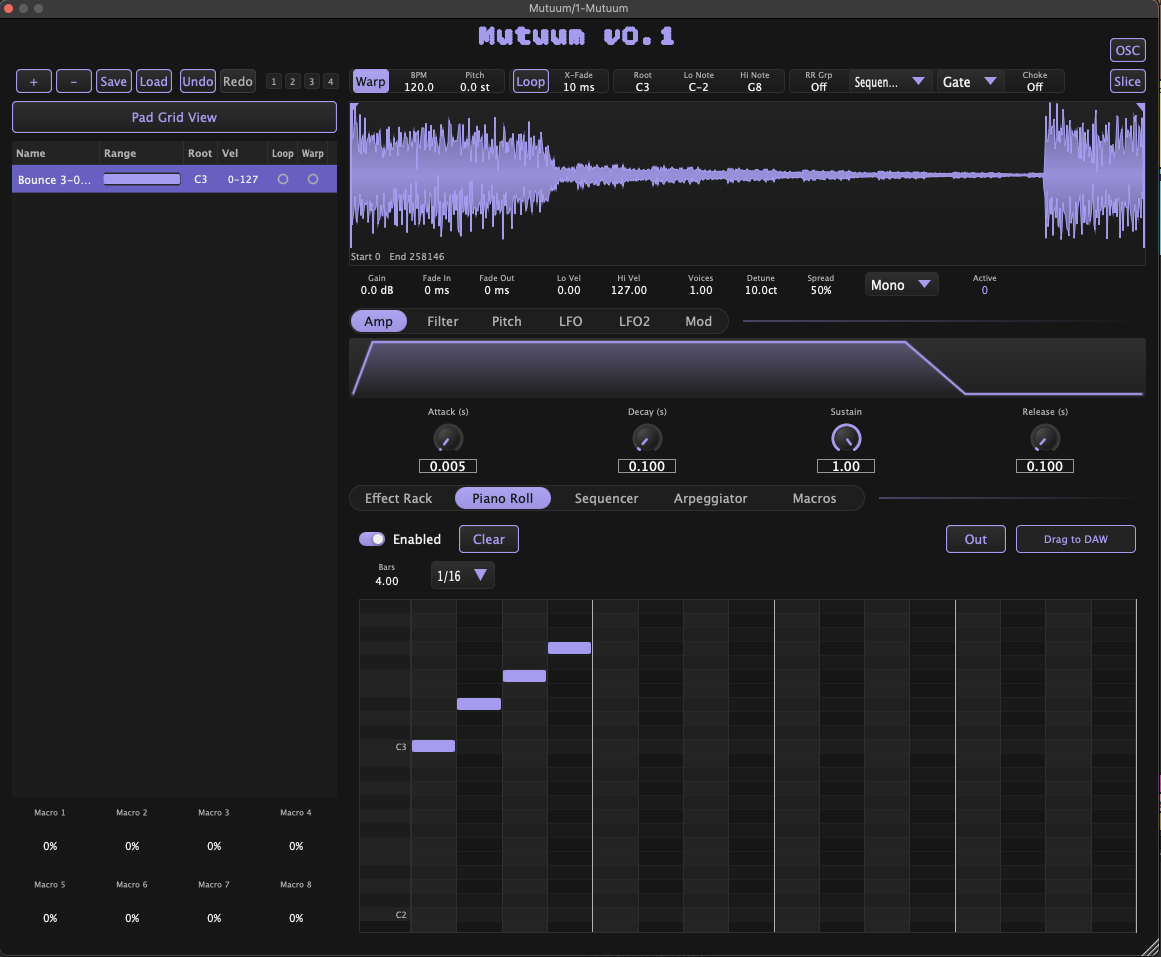 Mutuum plugin window showing the sample waveform, amp envelope, and the piano roll tab with a short four-note pattern
