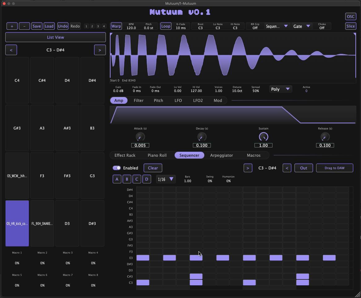 Mutuum plugin window showing the step sequencer tab with a drum pattern programmed across kick, snare, and hi-hat notes, and the pad grid of mapped samples on the left