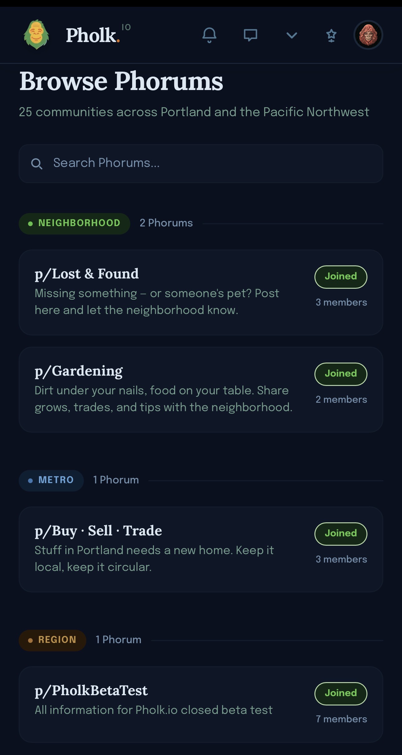 Pholk.io iOS Browse Phorums screen listing communities grouped by neighborhood, metro, and region with joined status and member counts