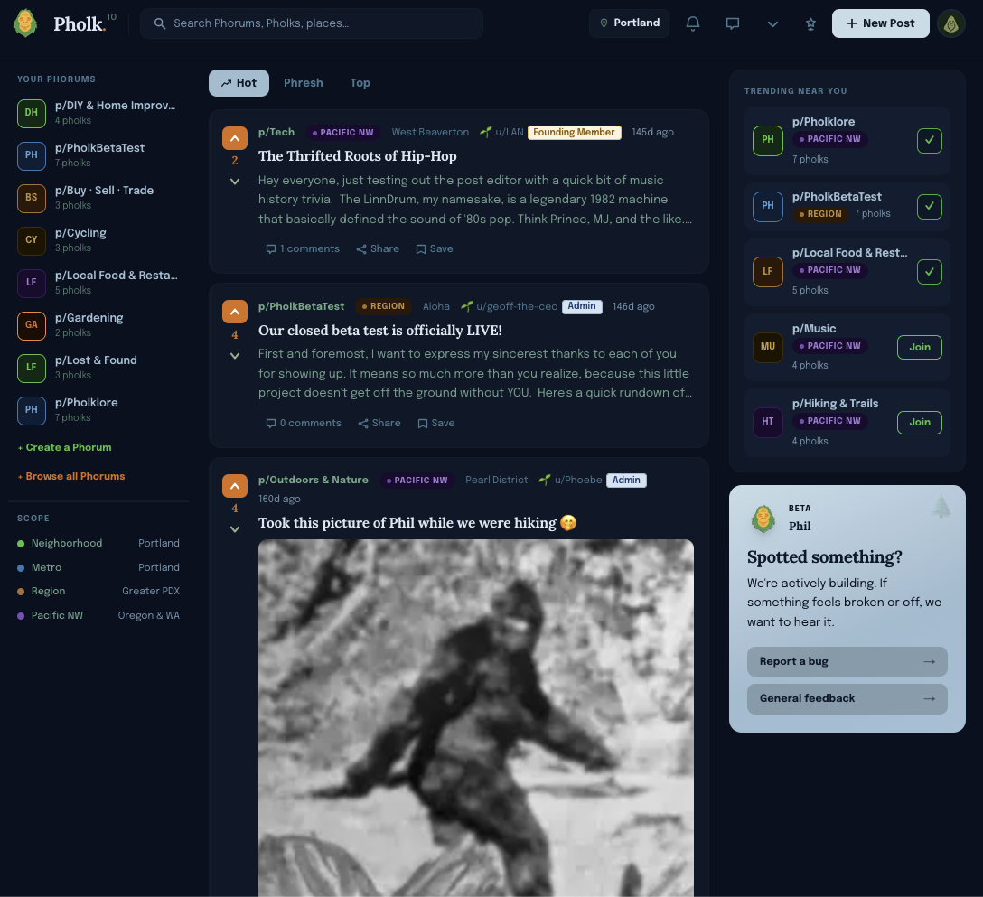 Pholk.io desktop home feed showing a sidebar of joined Phorums, a Hot feed of posts, and trending Phorums nearby