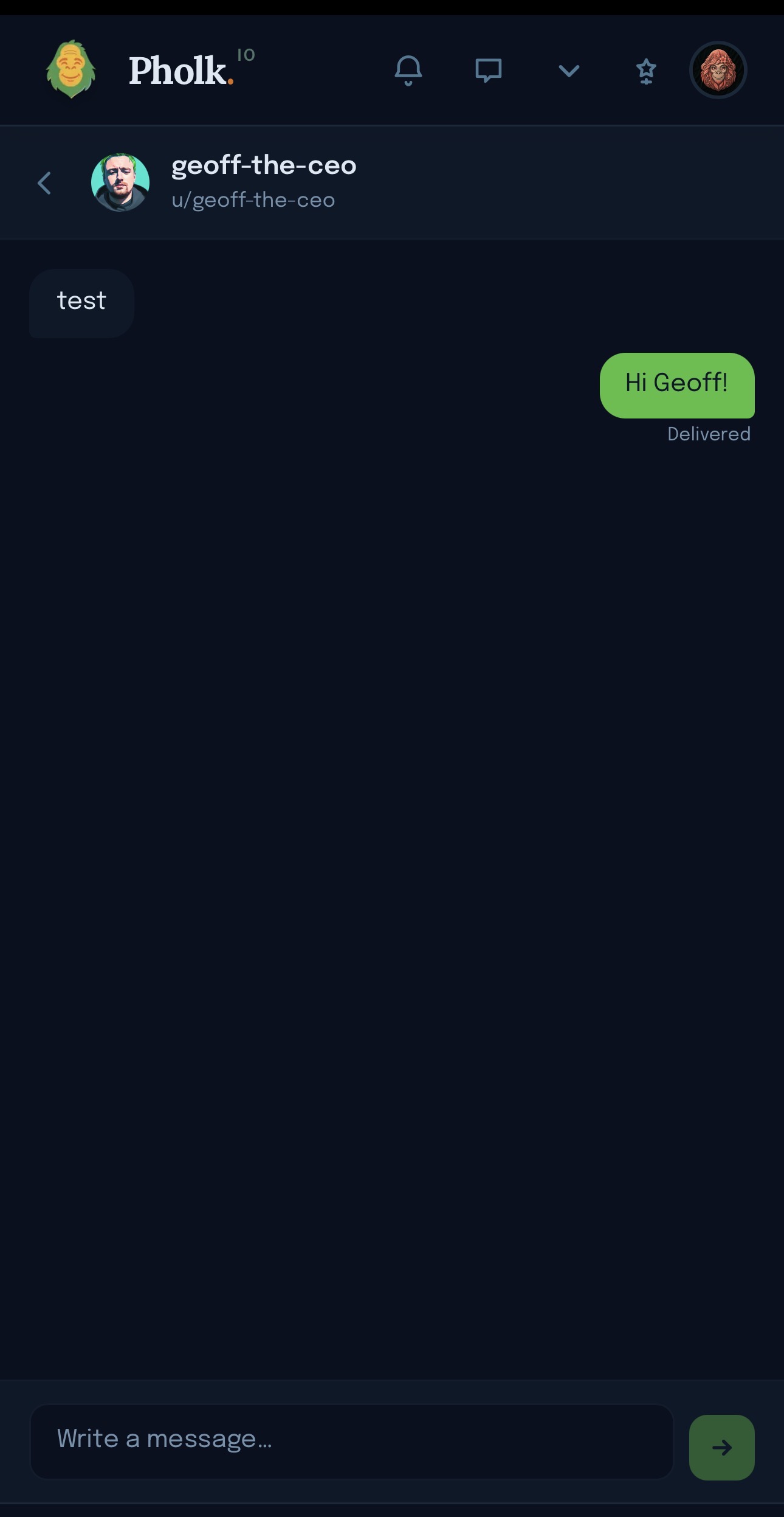 Pholk.io iOS direct message conversation