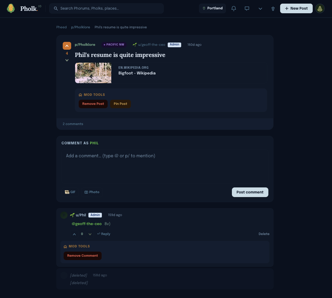 Pholk.io desktop post page showing a post with a link preview, a comment box, a threaded comment, and moderator tools