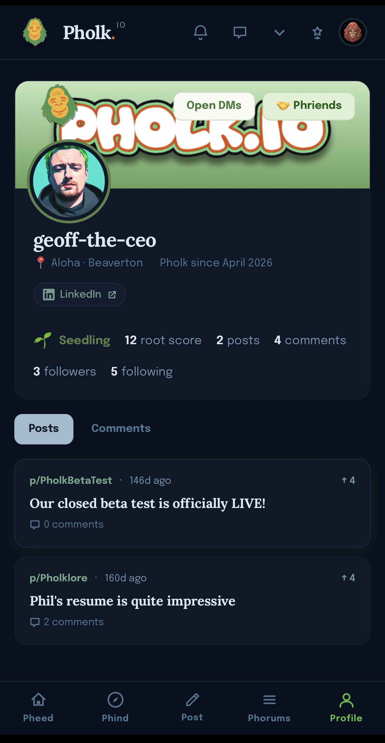 Pholk.io iOS profile screen showing a banner, avatar, stats, and a list of the user's posts